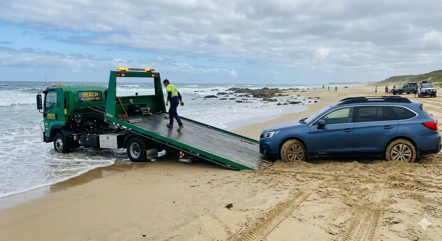 A yellow Beach Rescue towing truck using a cable winch to pull a muddy Jeep Wrangler out of the incoming ocean surf on a crowded public beach.
