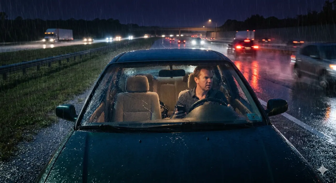 A man sitting inside a broken down car on a wet highway shoulder at night calling for roadside assistance while heavy rain falls and traffic passes by.