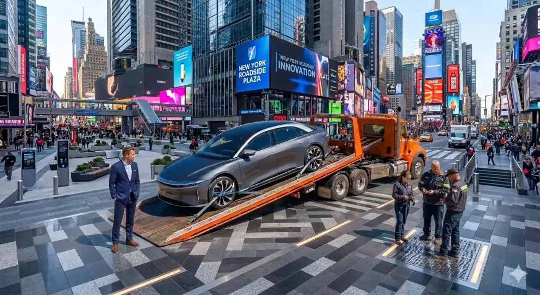 A grey electric vehicle strapped onto an orange flatbed tow truck in a busy city square while workers and the car owner stand nearby.