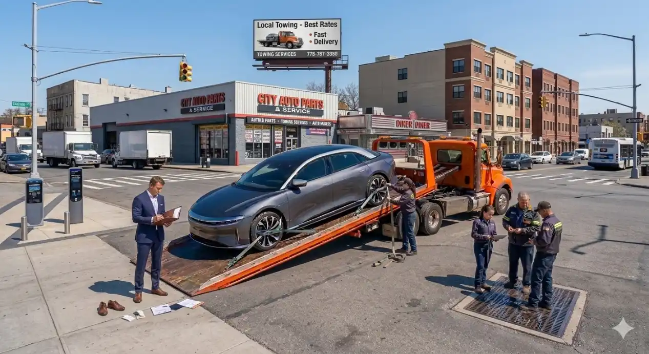 A crew of workers securing a grey electric car onto an orange flatbed tow truck on a city street with a towing service billboard in the background.