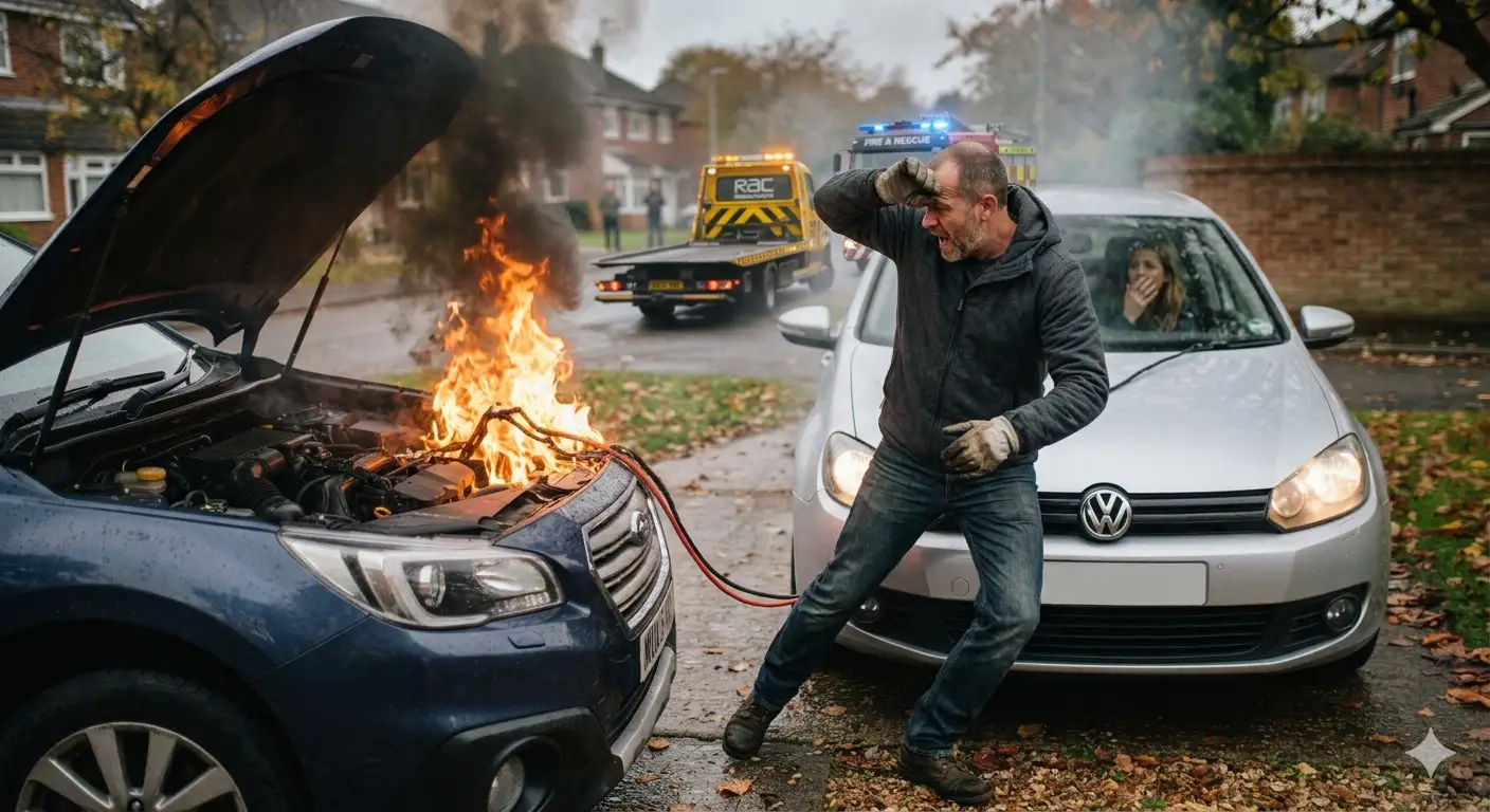 A man reacting in shock as a car engine catches fire during a jumpstart attempt with jumper cables while a tow truck and fire rescue vehicle arrive in the background.
