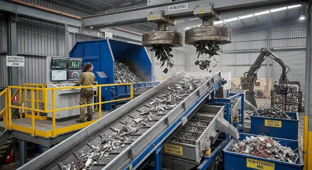 A plant operator stands at an automated control booth monitoring an industrial recycling conveyor system. Overhead, two powerful circular electromagnets lift shredded iron and steel shards off the main conveyor line, separating them into designated sorting bins marked "Ferrous Fraction" and "Non-Ferrous Mix.”