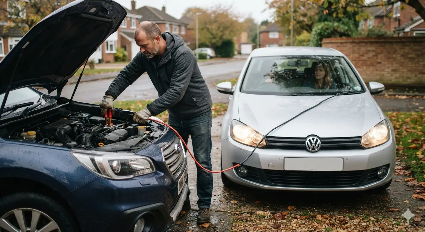 A man attaching red jumper cables to a car battery with the bonnet open while a Volkswagen Golf provides the boost on a residential street.