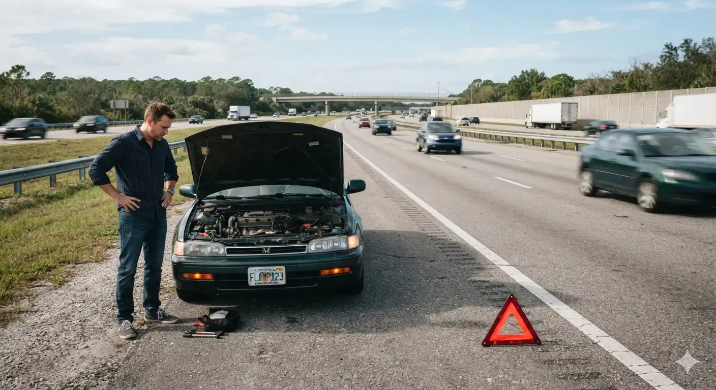 A man standing beside a broken down car with the bonnet open on a busy highway shoulder with a red warning triangle placed on the road.