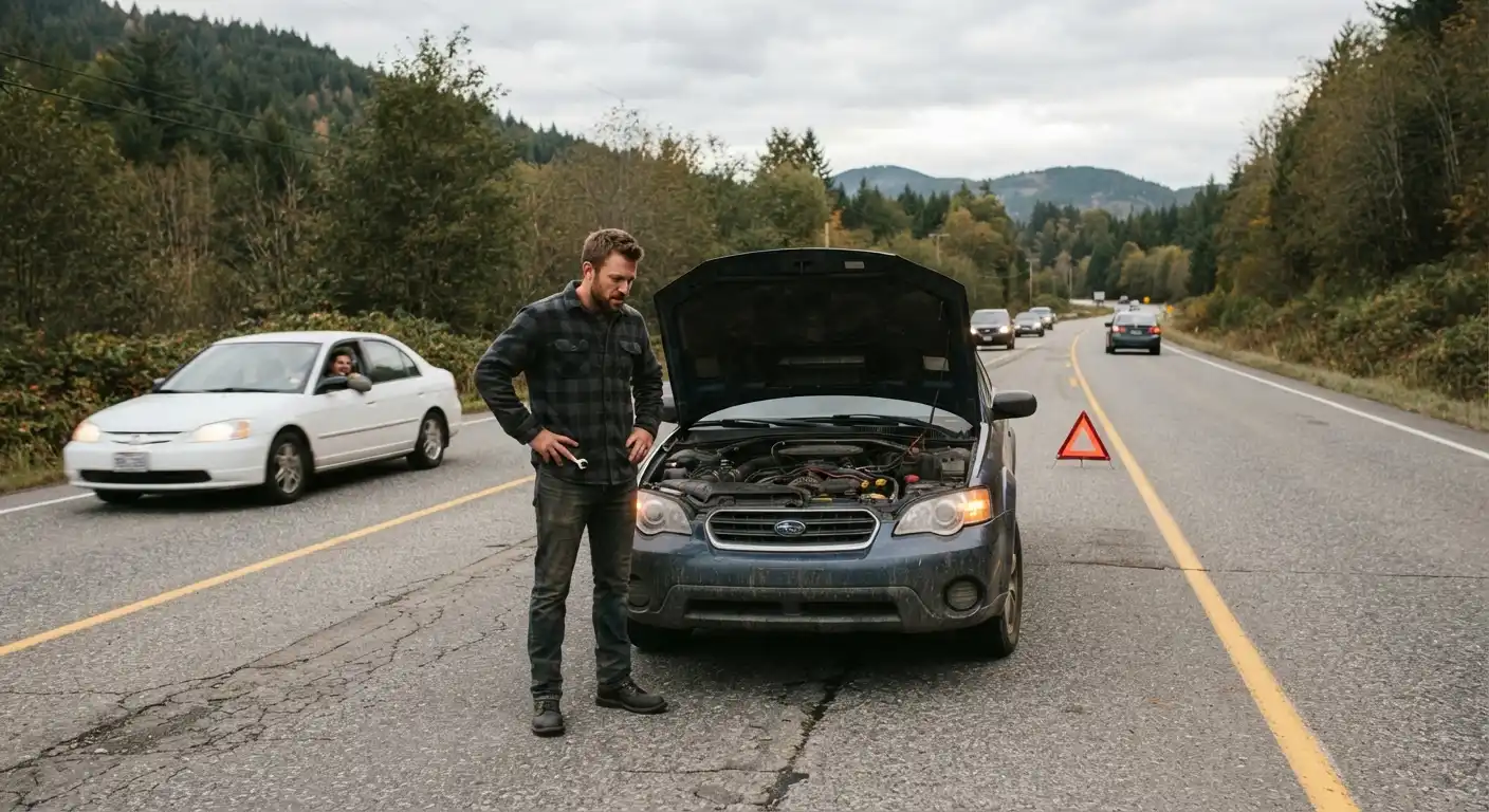 A frustrated man in a plaid shirt stands with his hands on his hips next to a dark-colored Subaru with its hood propped open on the side of a two-lane road. Passing cars drive by in the background, and a red warning triangle sits on the asphalt behind the disabled vehicle.