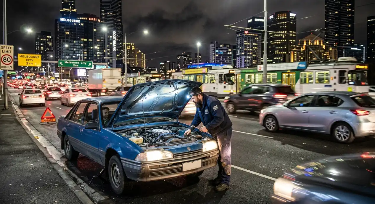 A mechanic wearing a headlamp works under the open hood of a blue classic sedan stopped on a busy multi-lane city street at night. Traffic and a light rail tram stream past in the background against a lit-up skyline, while a hazard triangle stands behind the car near the curb.
