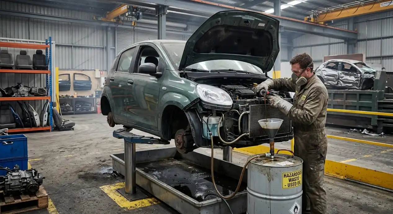 A mechanic wearing a respirator mask and heavy gloves stands next to a green compact car lifted on hydraulic pillars inside a recycling facility. The car’s hood is open, its front tires are removed, and dark oil drains through a funnel hose into a large gray barrel labeled "Hazardous Waste - Used Oil."