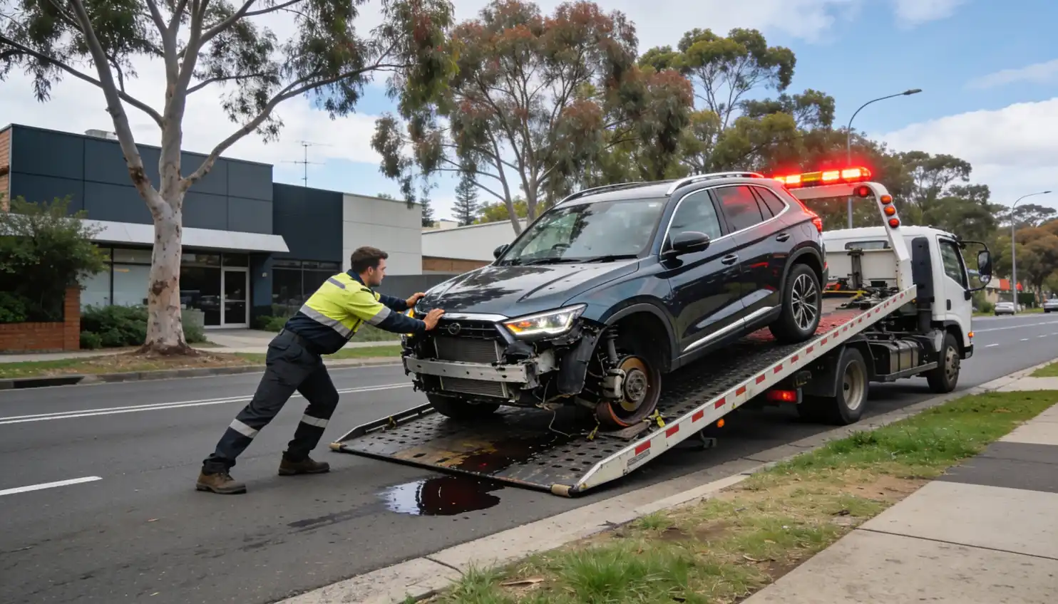 A stranded driver talking on the phone beside a broken down black SUV with a red warning triangle, orange hazard light and smartphone on the road while a white tow truck with amber lights approaches on a Melbourne suburban street at golden sunset.
