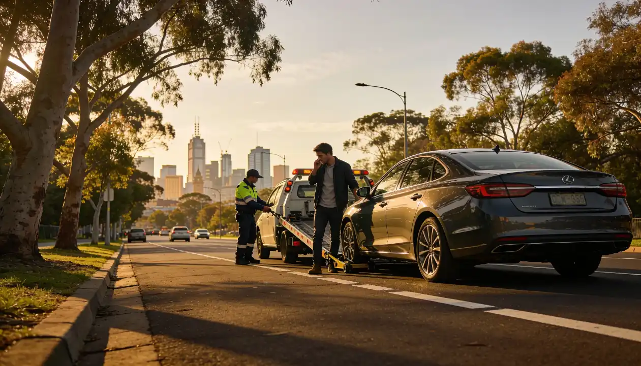 A worried man standing beside his broken down grey sedan being assisted by a tow truck operator in a hi-vis vest on a Melbourne suburban road at golden hour with the Melbourne city skyline visible in the background.