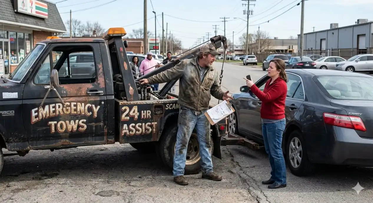 A driver questions an unlicensed tow truck operator holding a clipboard of paperwork beside her sedan — a rusted, unmarked 'Emergency Tows' truck with no visible license number.