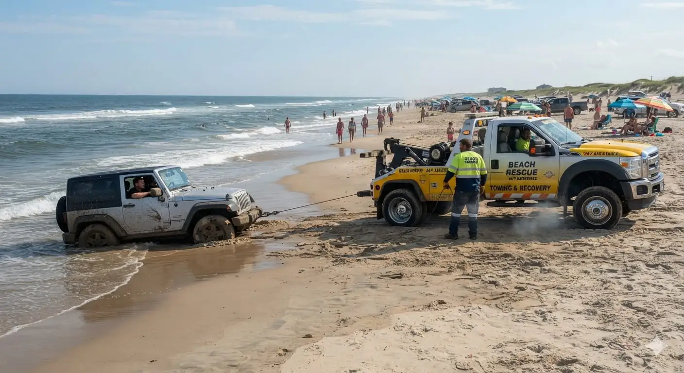 A green Beach Recovery flatbed tow truck backing down a sandy shoreline to load a stuck blue AWD Subaru station wagon right at the ocean’s edge.