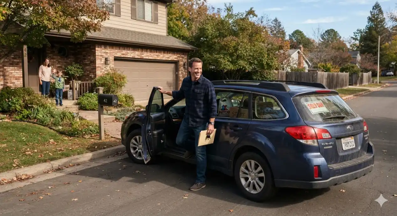 New owner stepping into a just-purchased used wagon with a 'SOLD' sign in the rear window, keys and bill of sale in hand, outside the seller's home.
