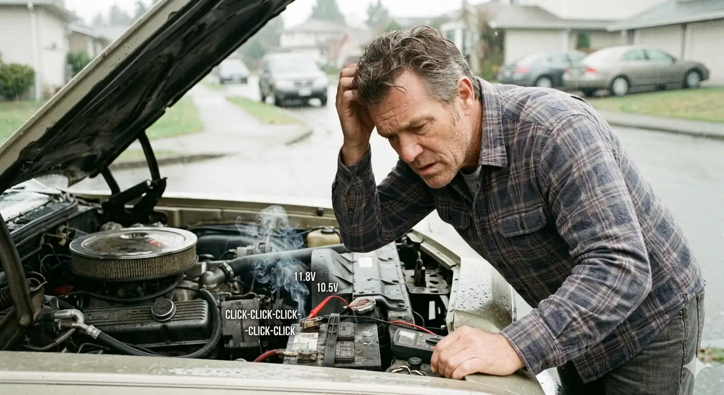 Man testing a car battery's voltage with a multimeter after hearing a rapid clicking sound on startup.