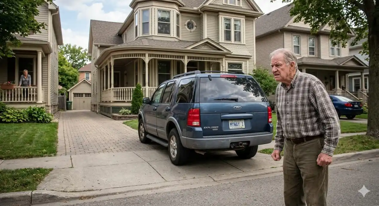 An older homeowner stands on the sidewalk looking frustrated at an SUV parked across his driveway, blocking his access to his own home.