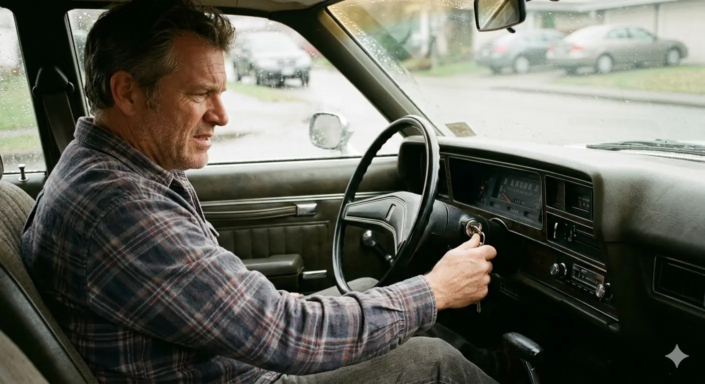 Man turning the ignition key while sitting behind the wheel of a car that won't start.