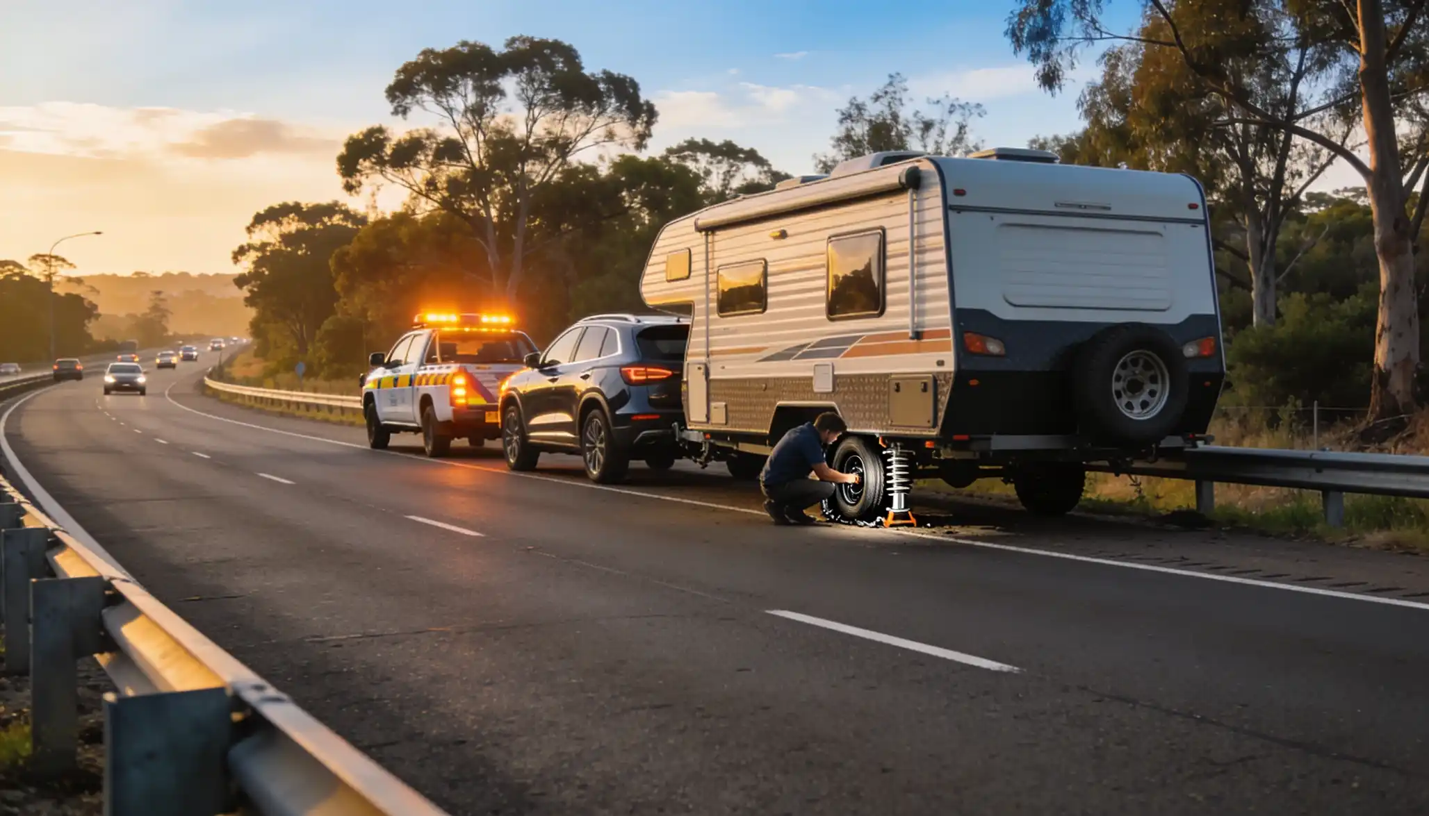 roadside assistance changing caravan tire on highway at sunset with safety vehicle parked nearby