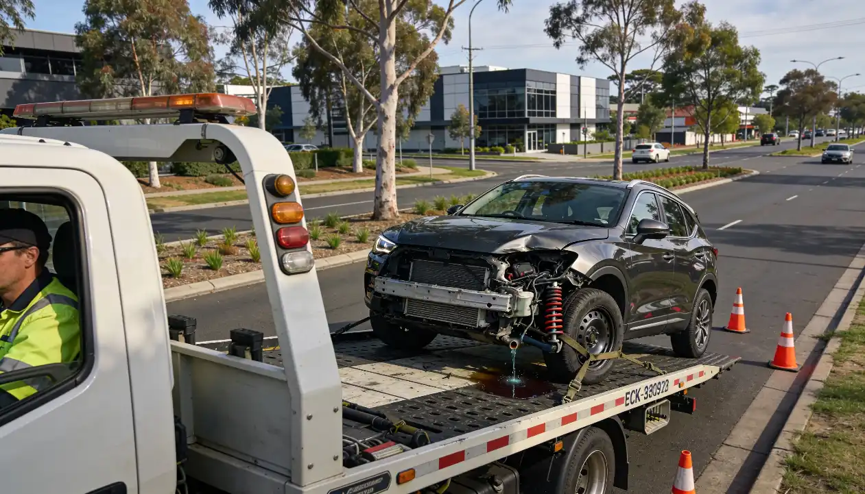 A professional towing operator in a navy and hi-vis uniform speaking to a driver seated inside a grey sedan parked beside a white flatbed tow truck with amber lights on a sunny Australian suburban street lined with eucalyptus trees.