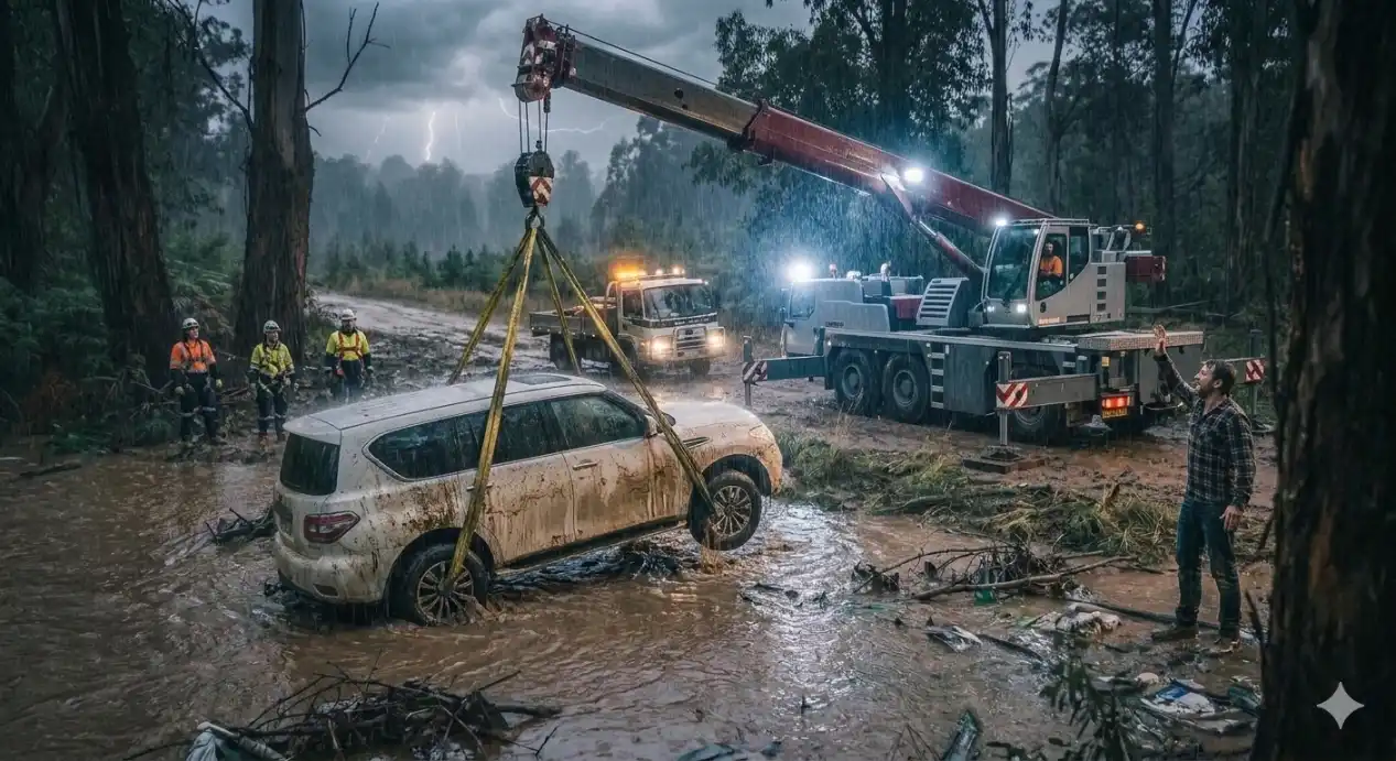 A crane and tow truck recovering a mud-covered car from flash flood water while rescue workers assist in heavy rain.