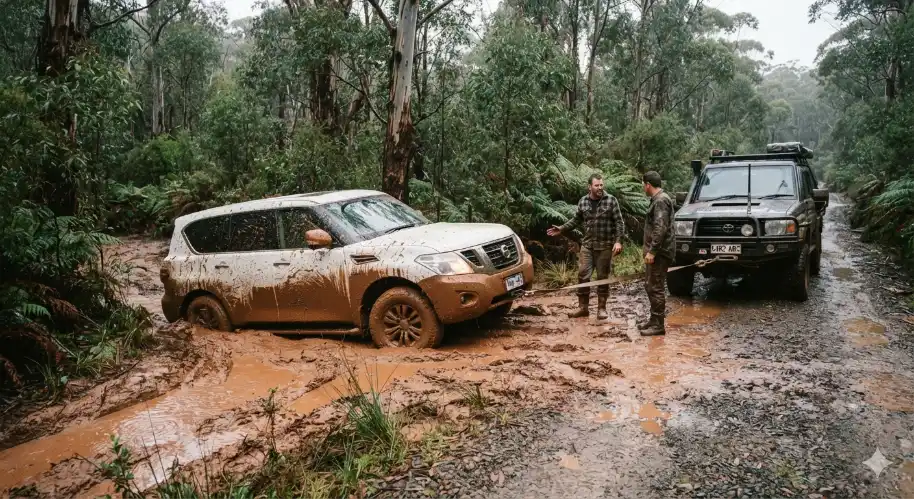 Two men standing beside a mud-stuck SUV connected to another truck with a tow strap on a muddy forest trail.