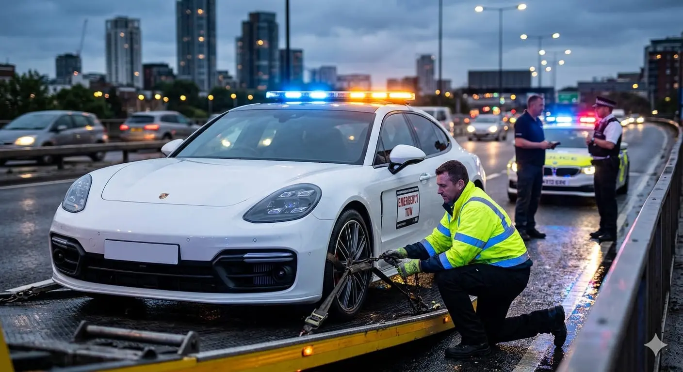 An operator secures a broken-down luxury sedan onto a flatbed tow truck on a city bridge at dusk, with police assisting at the scene of an emergency roadside recovery.