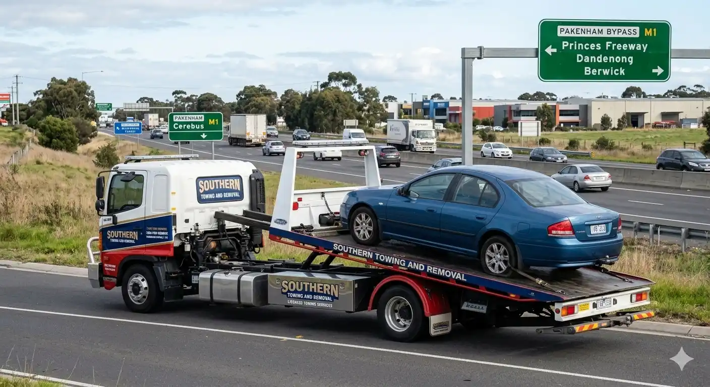 Flatbed tow truck carrying a blue sedan on the Monash Freeway near the Pakenham Bypass exit.