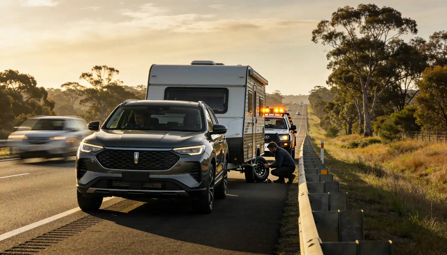 person repairing caravan wheel on highway shoulder while safety patrol vehicle stands by during golden hour