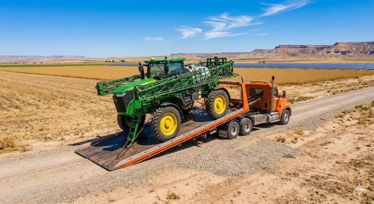 A large John Deere sprayer being loaded onto an orange flatbed trailer on a farm road.