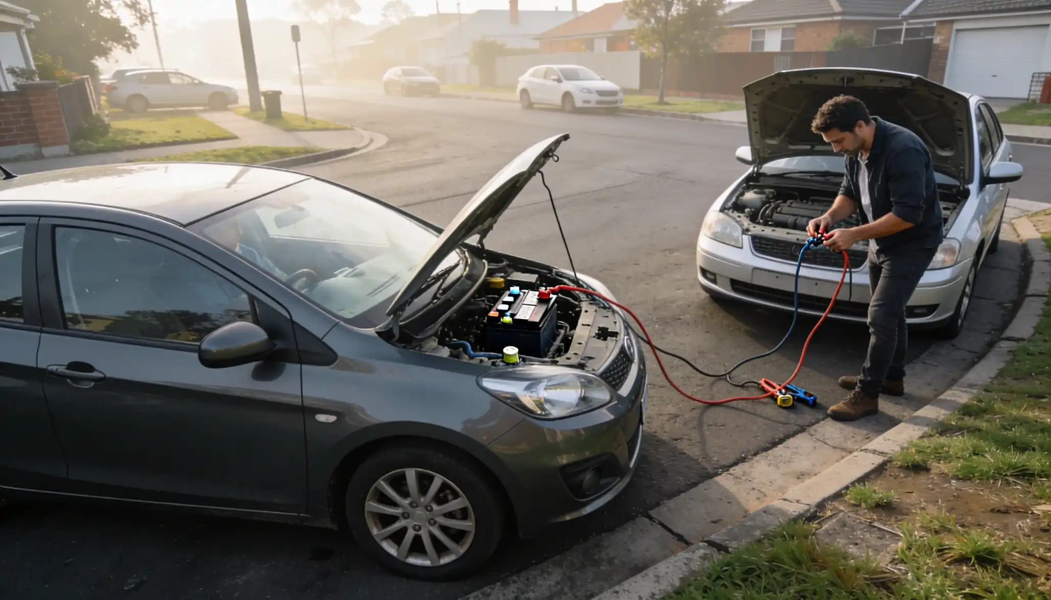 how to jump start a car man connecting jumper cables between two cars with open hoods in a residential street