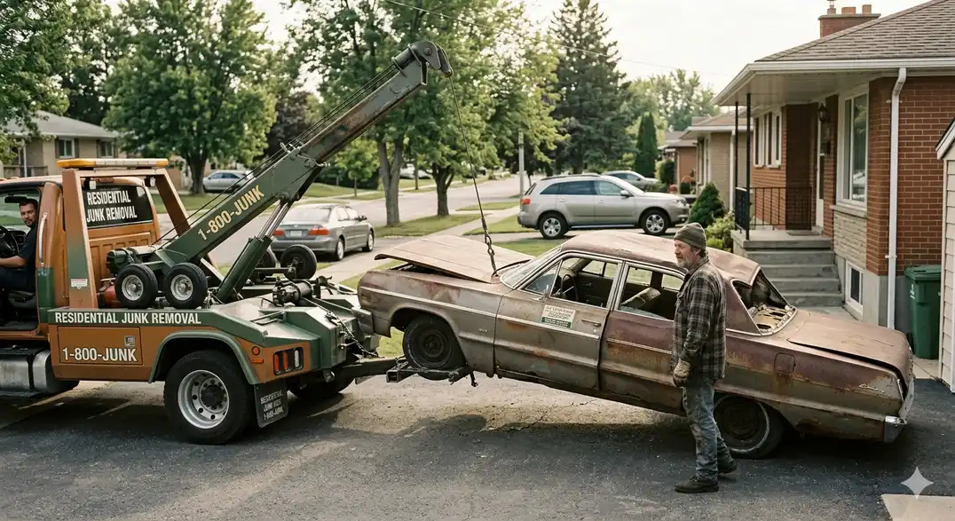 A residential junk removal tow truck lifting a rusted abandoned car from a home driveway while the property owner watches on a suburban street.