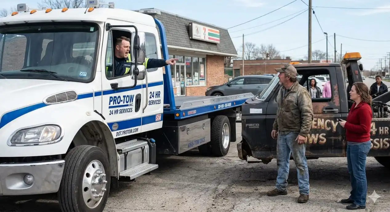 A licensed Pro-Tow driver, with DOT markings and company signage clearly displayed on the cab, calls out to intervene as a bandit tow operator attempts to hook up a stranded driver’s car.