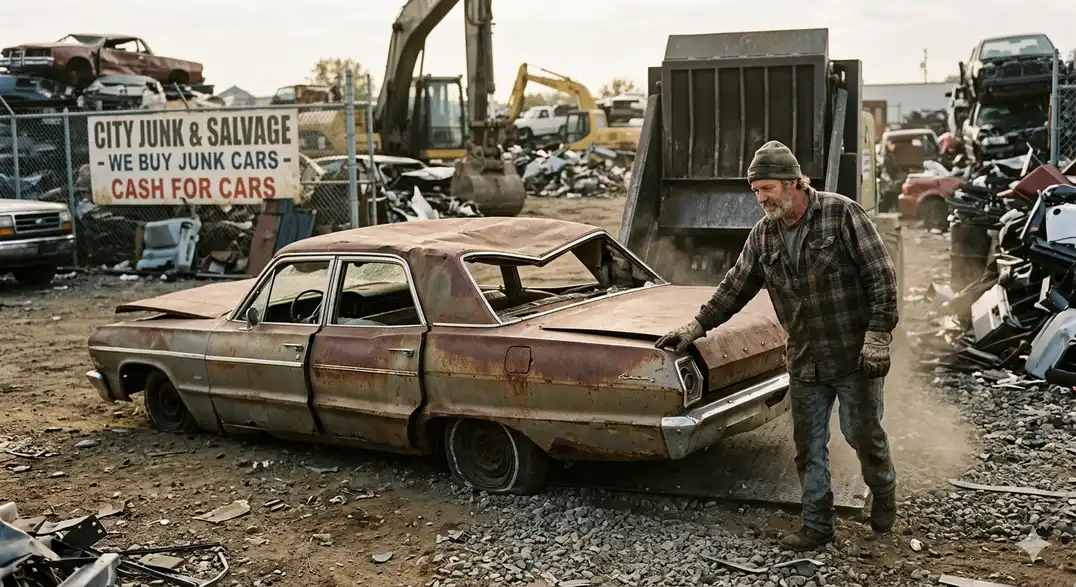 A man standing next to a heavily rusted abandoned car at a city junk and salvage yard with a cash for cars sign and excavator in the background.