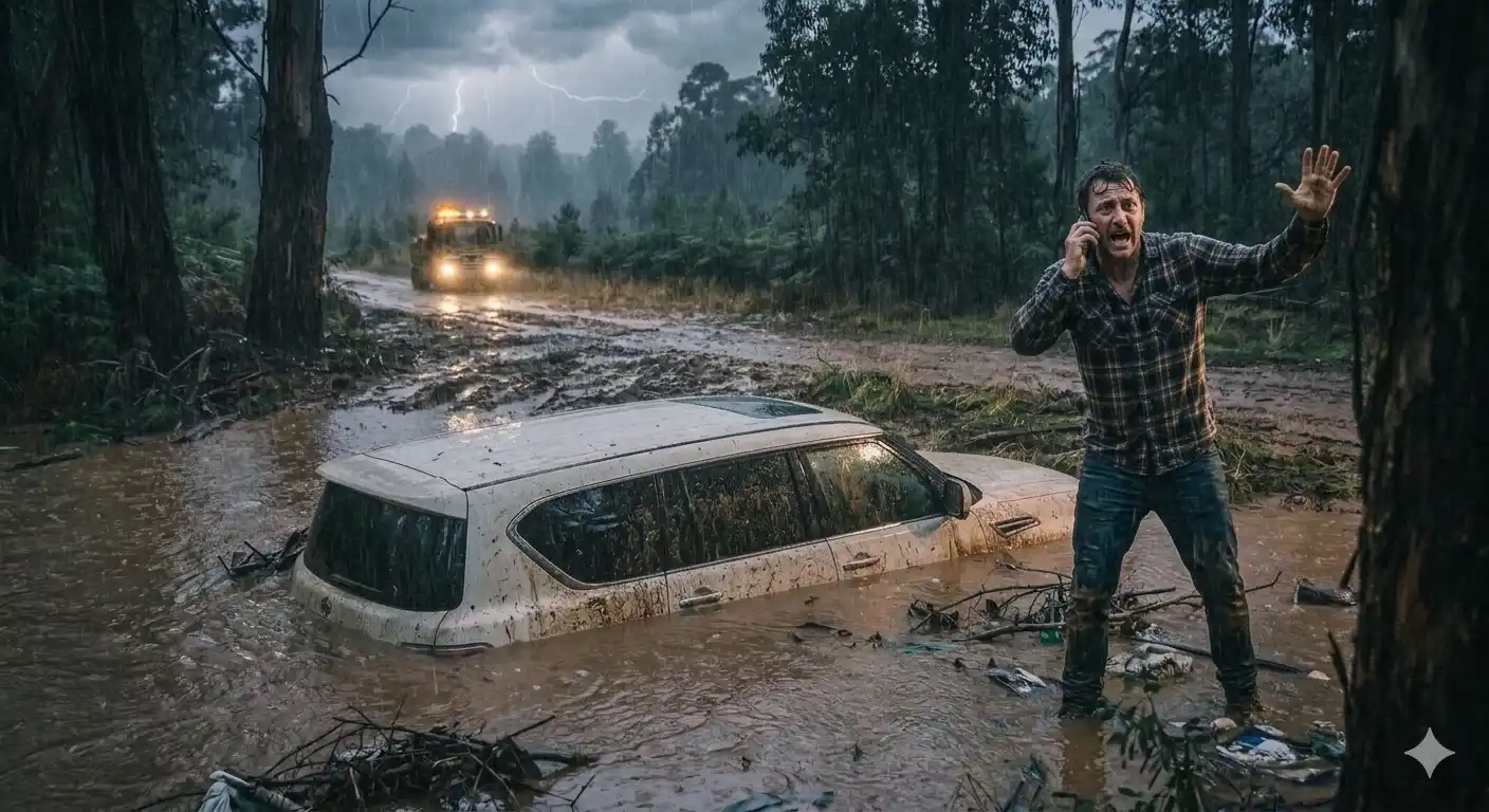 A man standing in flood water calling for emergency help while his car is submerged during a heavy storm.