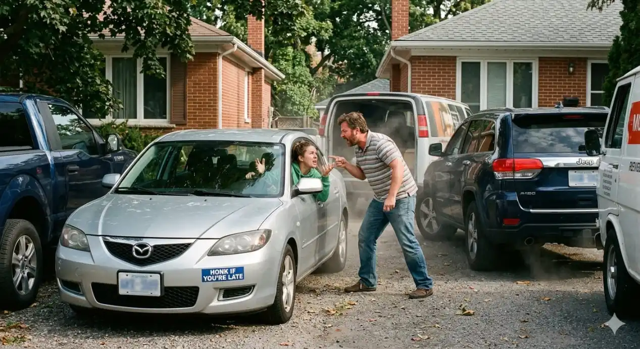 A man leans in shouting at a driver in a car wedged between parked vehicles in a crowded residential driveway — an example of a parking dispute escalating into a heated confrontation.