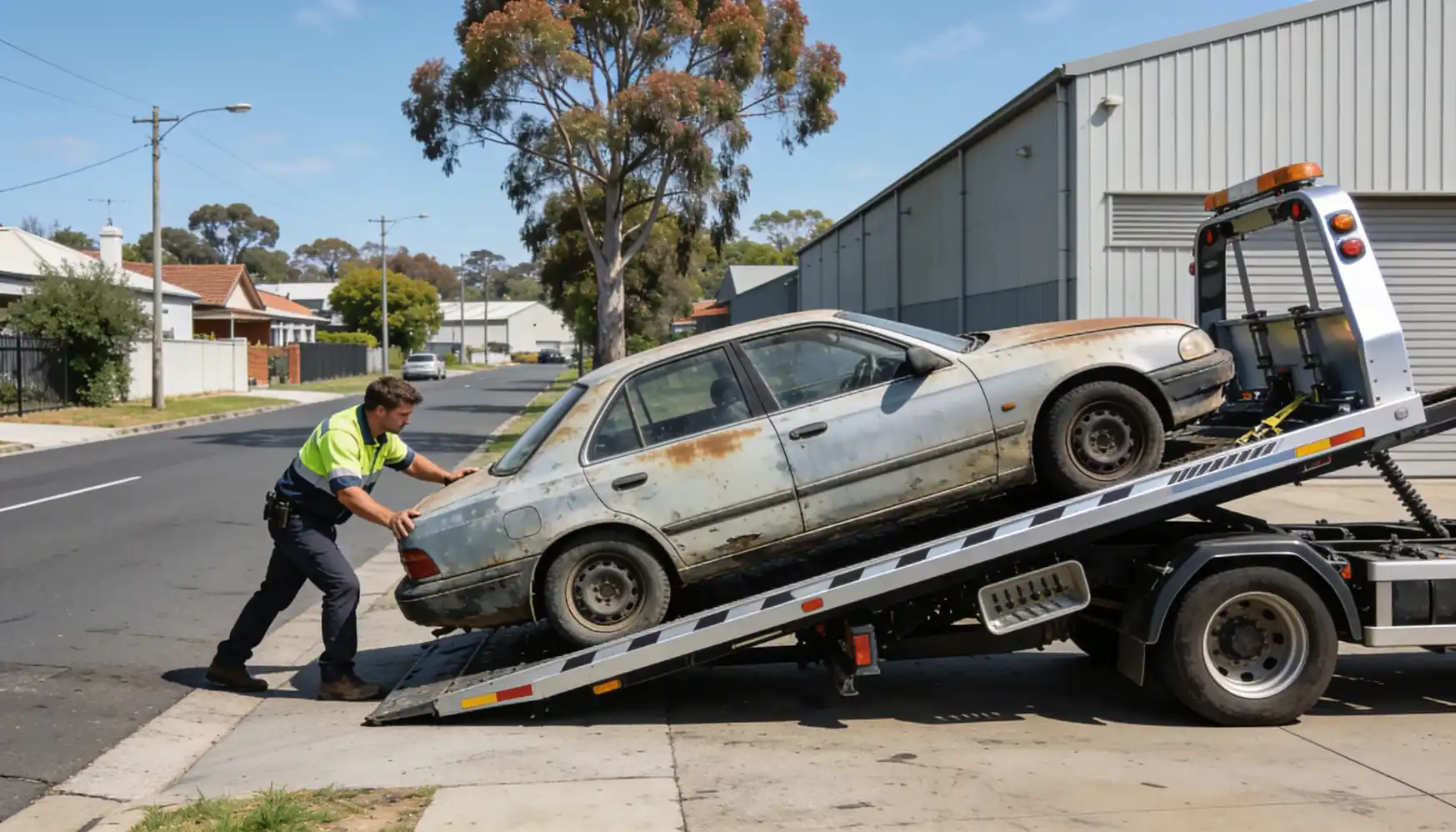 A professional towing operator in a hi-vis vest closely inspecting a heavily front-end damaged black hatchback secured on a flatbed tow truck on a sunny Melbourne suburban street at golden hour with residential buildings in the background.