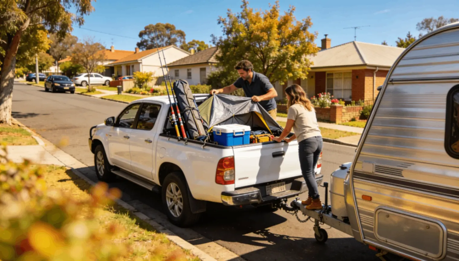 Couple loading camping equipment and fishing rods into white pickup truck attached to caravan.