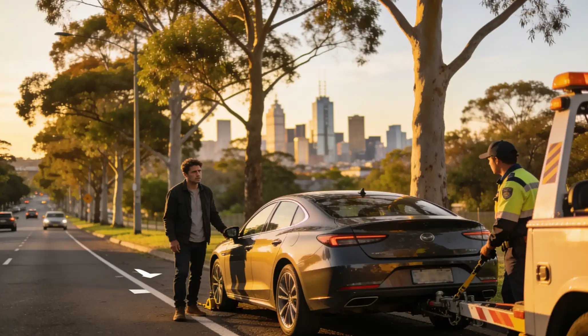 A stranded driver talking on the phone beside a grey Lexus sedan being hooked up by a tow truck operator in a hi-vis vest on a Melbourne tree lined suburban road at golden hour with the Melbourne CBD skyline in the background.