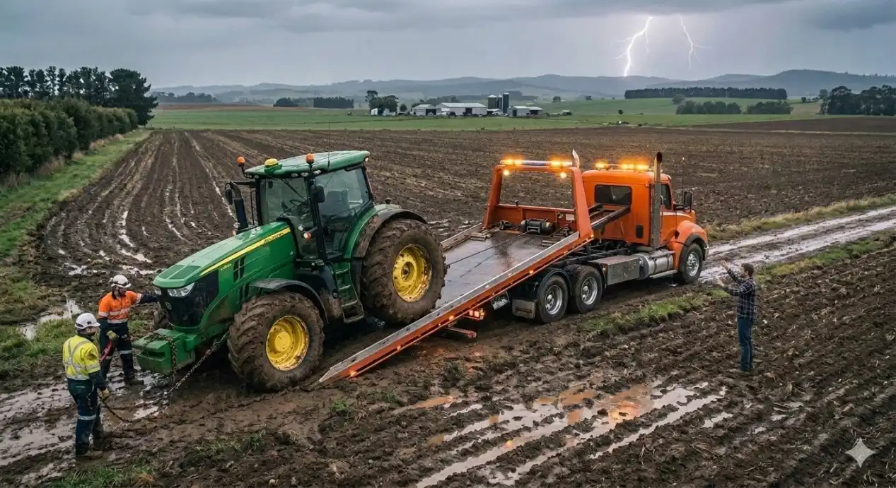 Two workers securing a mud-stuck John Deere tractor onto a flatbed recovery truck in a muddy farm field.