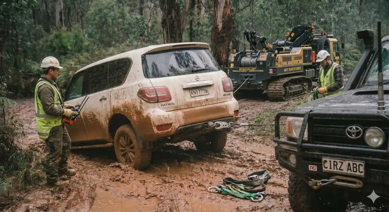 Two workers in hi-vis vests using a specialist recovery winch truck to safely pull a mud-covered Nissan Patrol out of deep mud on a forest trail.