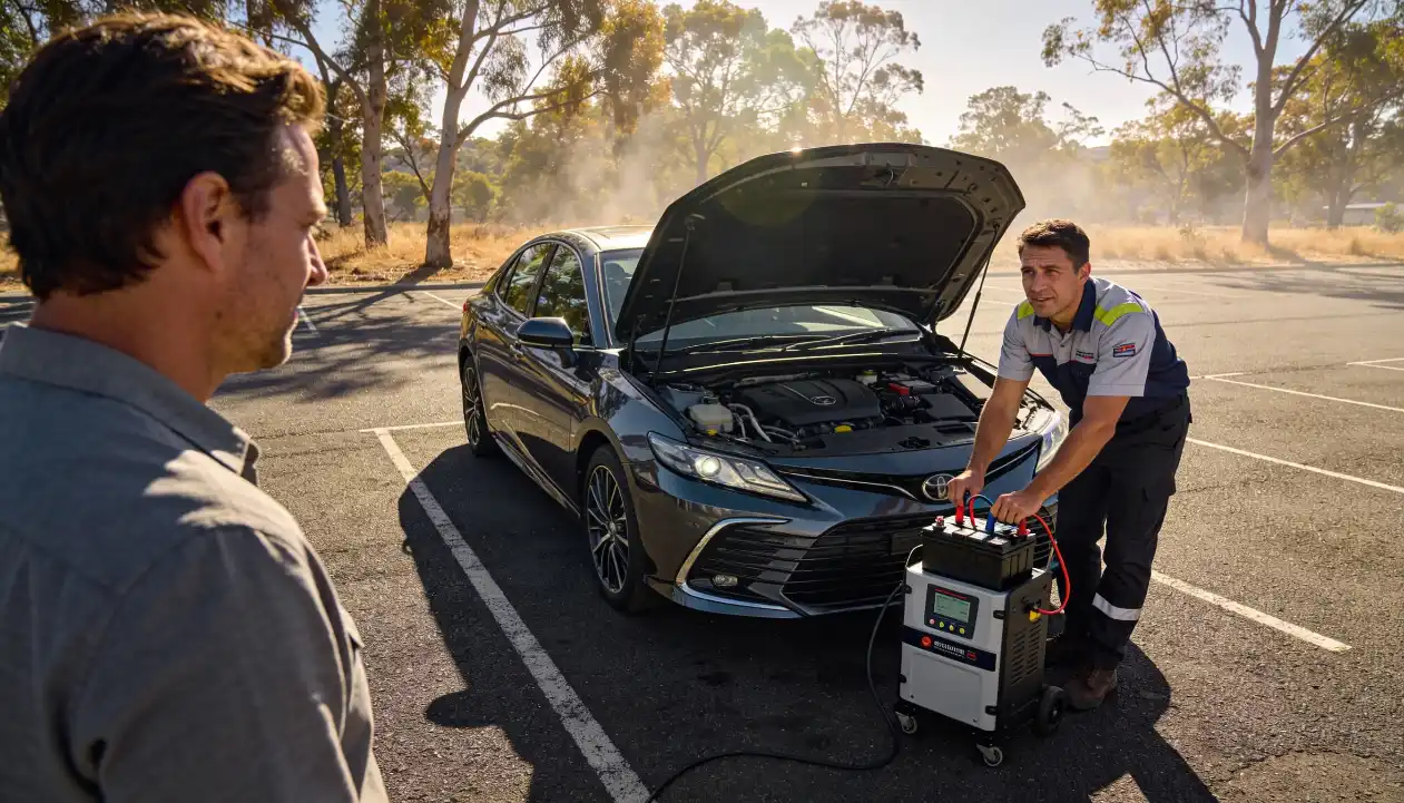 A roadside assistance professional in a hi-vis vest talking on the phone beside a stranded grey SUV with a red warning triangle emergency light and toolkit on the road while a tow truck approaches in the background on a Melbourne suburban street at golden hour.