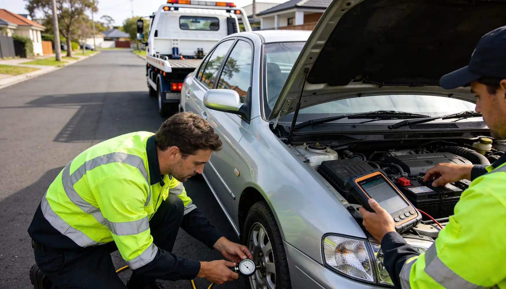 Two roadside assistance workers inspecting a silver car; one checks tire pressure while the other uses a diagnostic tool under the hood, with a tow truck parked behind them on a suburban street.