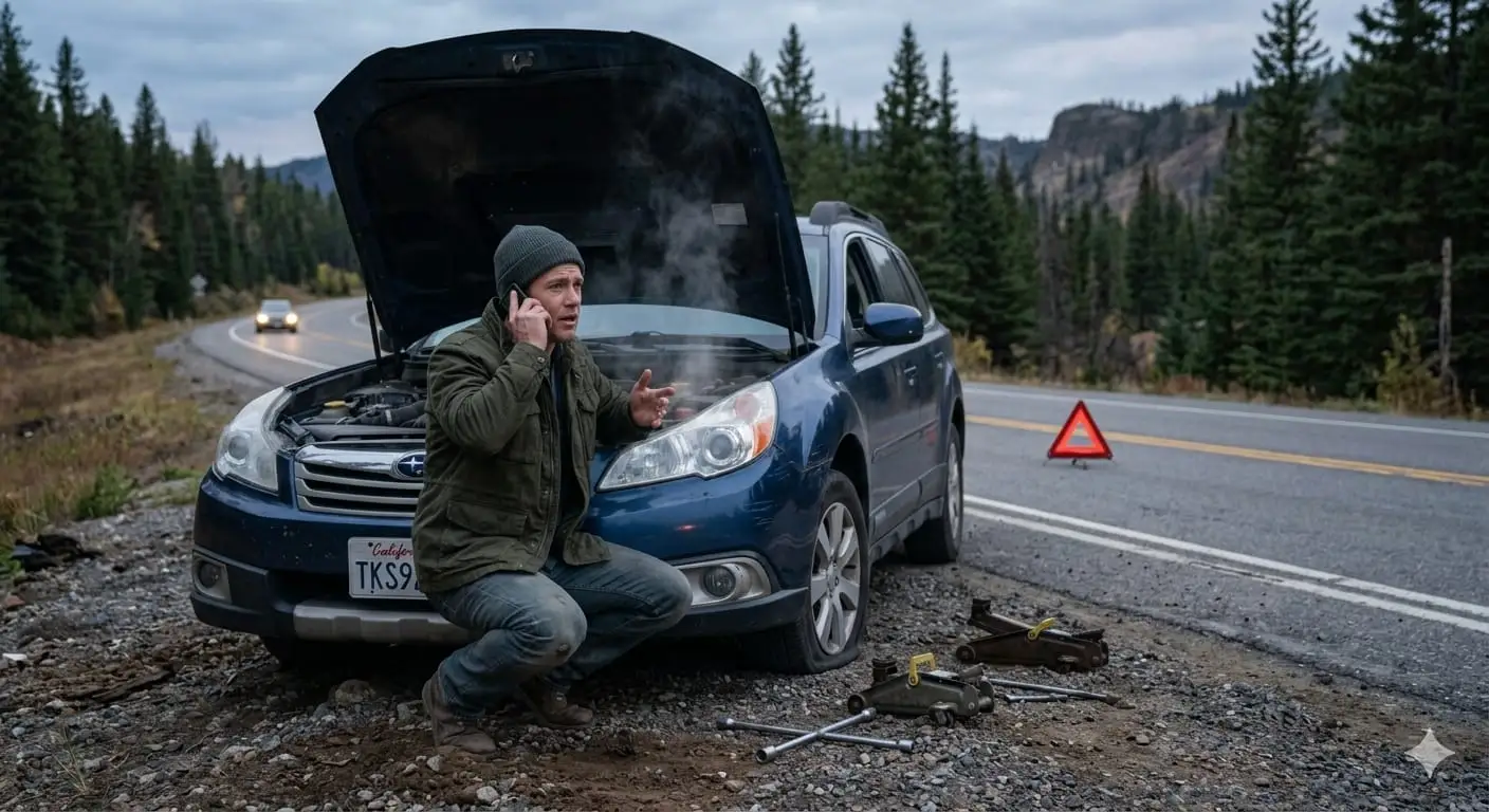 Driver crouched beside his smoking, broken-down SUV on a remote highway shoulder, phone in hand and a warning triangle placed behind the car, calling a tow dispatcher for help.