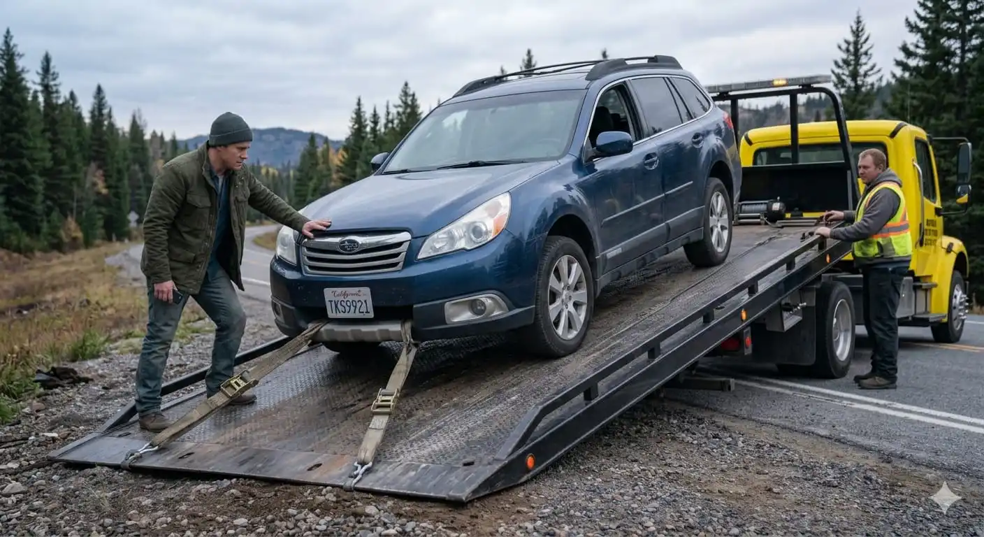 Driver guiding his SUV up the ramp of a flatbed tow truck on a rural roadside, with the operator securing the winch line — the vehicle recovery stage after calling for roadside help.