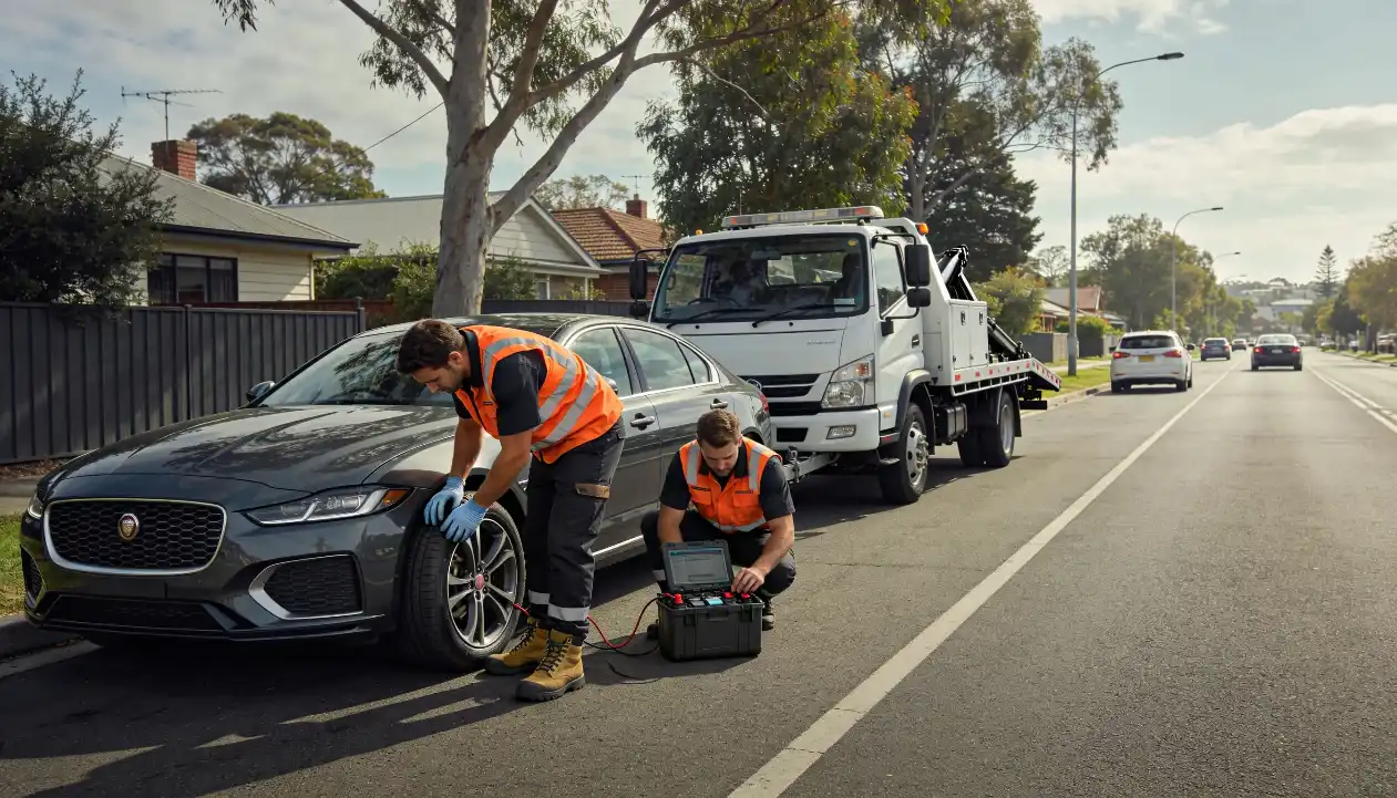 Two roadside assistance technicians in orange vests helping with a flat tire on a grey car, using tools and a diagnostic box, with a tow truck behind them on a residential street.