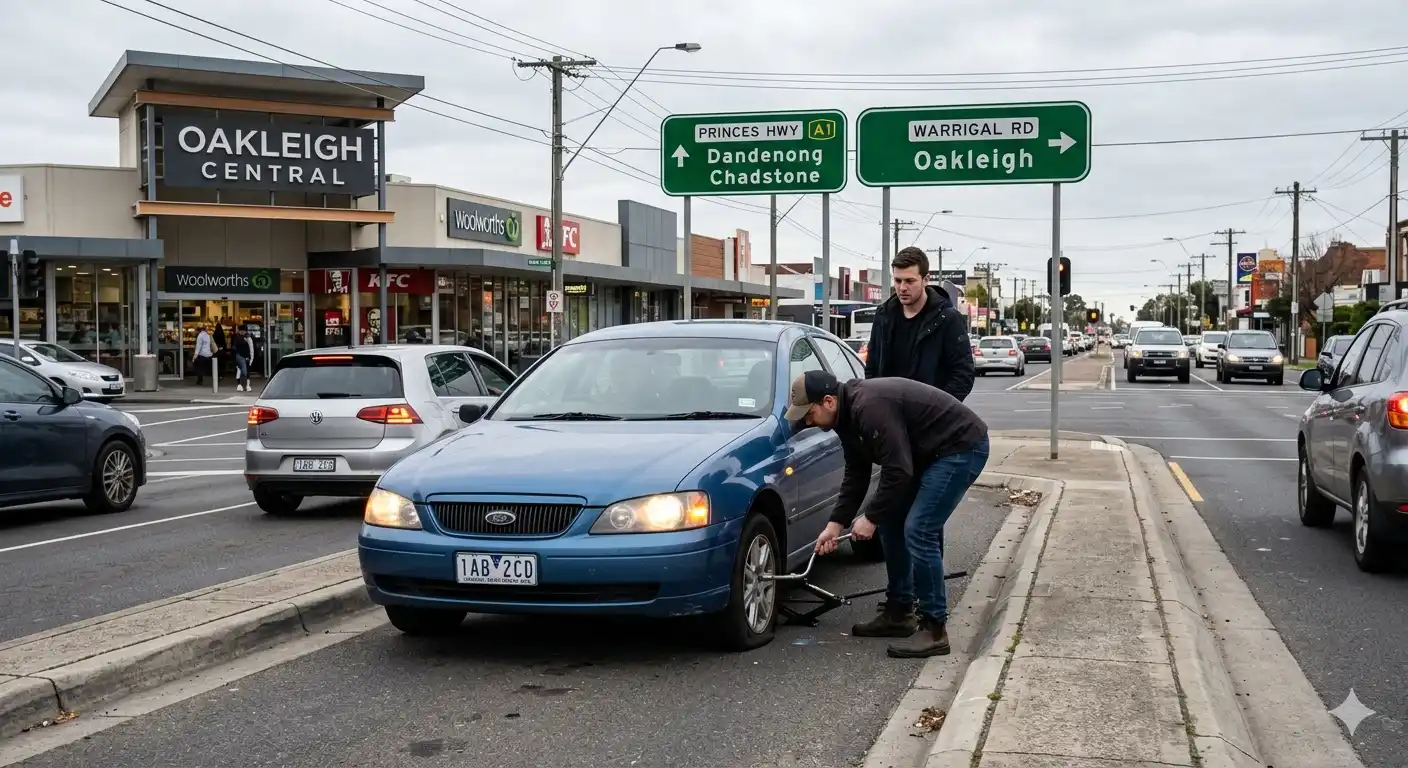 Two men changing a tyre on a blue sedan stopped on a median strip near an Oakleigh intersection.