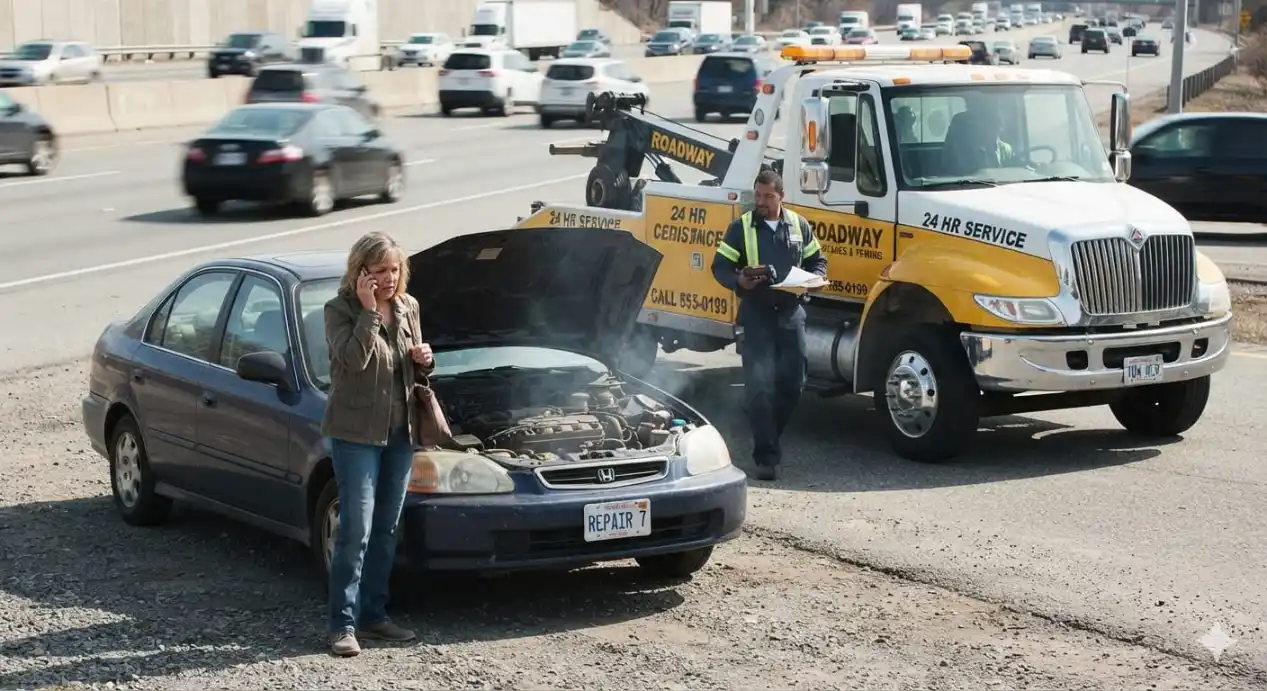 A stressed driver on the phone beside her smoking sedan on a busy highway shoulder, as an emergency tow truck operator arrives — the costly outcome of a delayed minor repair.