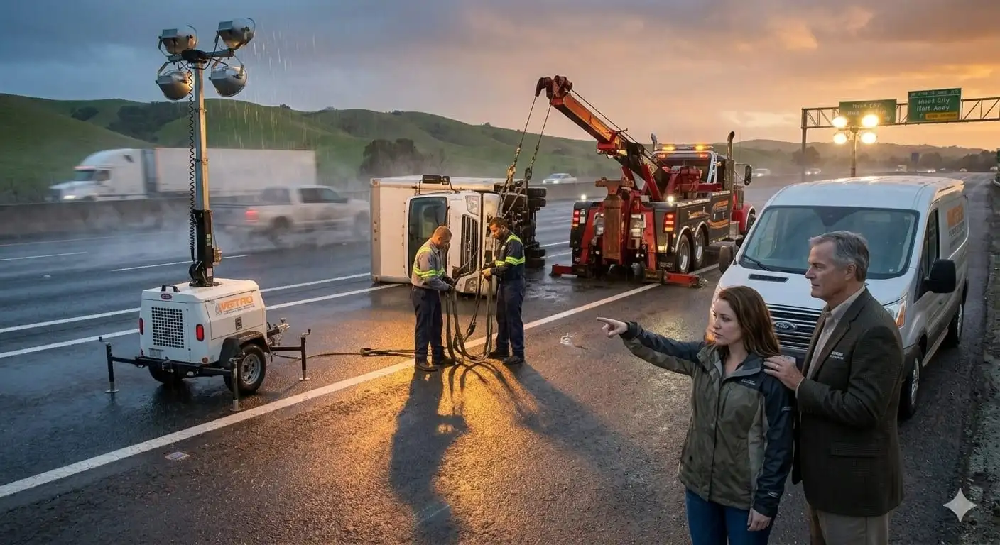 Tow truck driver reviewing an itemised invoice with a customer as her car is loaded onto a flatbed.