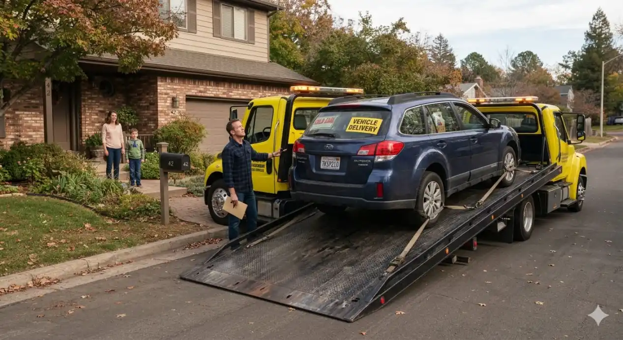 A 'Vehicle Delivery' flatbed truck unloading a newly purchased used wagon in a residential driveway, with all four wheels off the ground during transport.