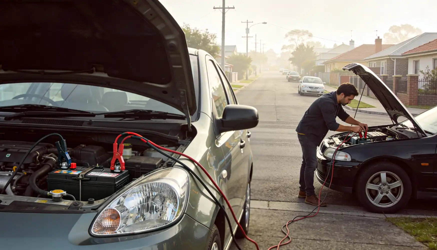 how to jump start a car person using jumper cables to connect batteries of two parked cars on a suburban roadside