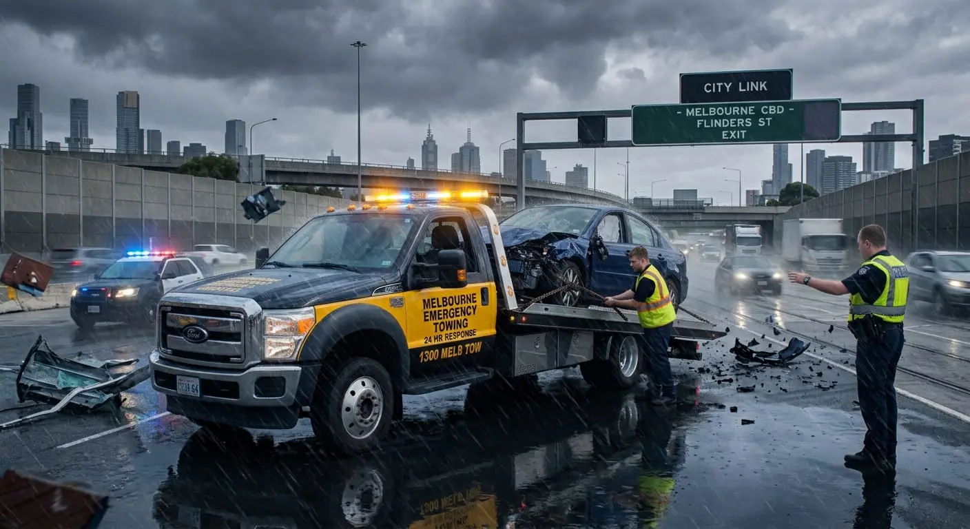An emergency towing truck operator securing an accident-damaged vehicle onto a flatbed on a city street at dusk with a police officer, an ambulance, and trams visible in the background.