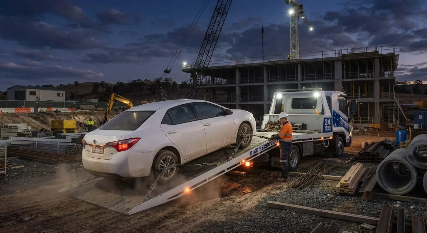 An operator loading a white sedan onto a flatbed tow truck at dusk next to an active construction site.